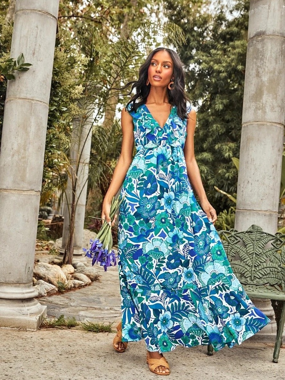 Sugarlips Mawar Ruffle Maxi Dress Gianne Floral Blue & Green Sz.Le45